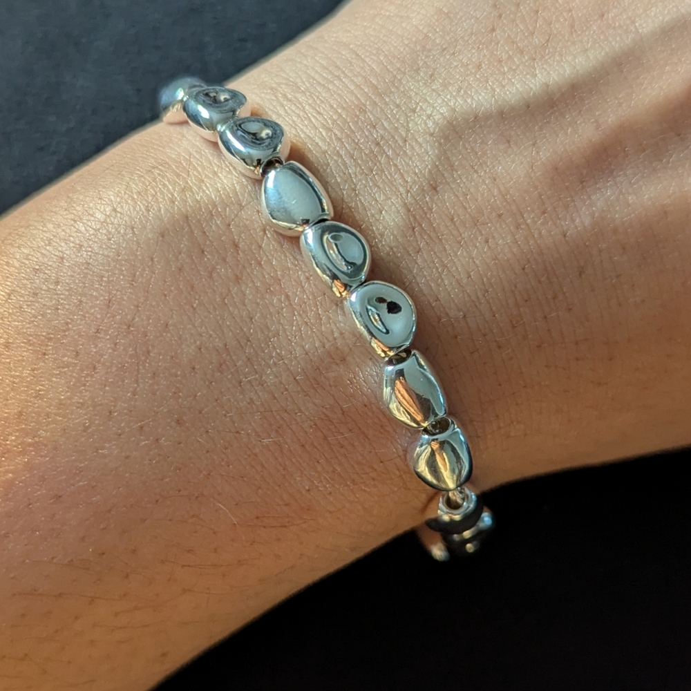 925 Solid Sterling Silver Beaded Bangle Bracelet Minimalist Quiet Luxury Pebble - Picture 2 of 6